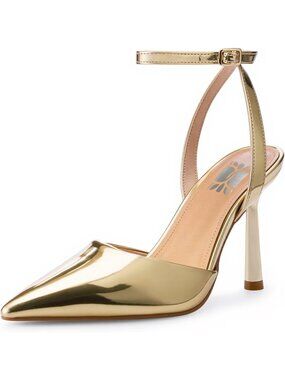 Women's Gold Rubber Pointed Closed Toe Ankle Strap Wedding Party High Heels